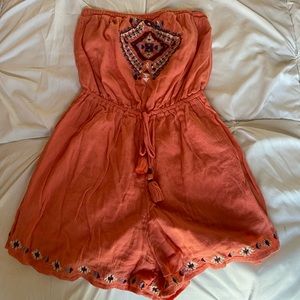 Coral Tribal Print Strapless Romper